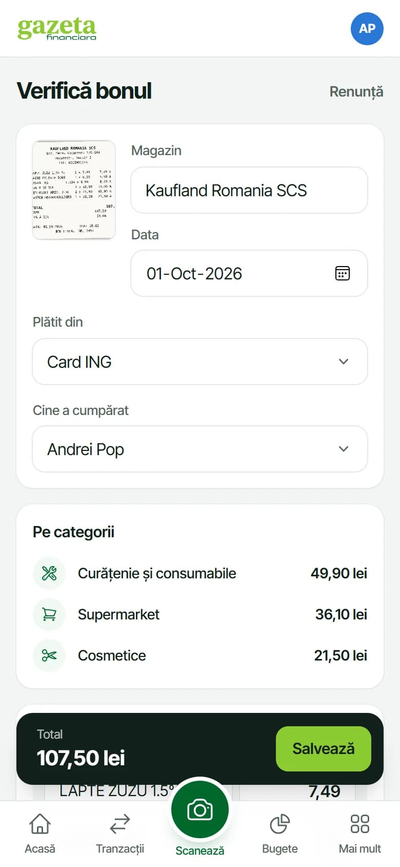 Bonul de la Kaufland citit de aplicație și împărțit pe categorii